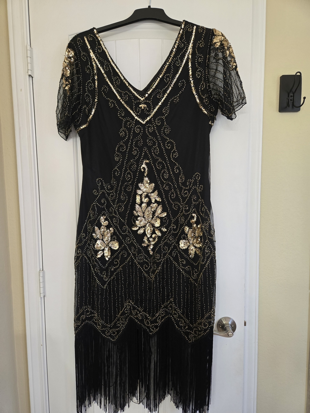 Black & Gold Sequin Fringe Evening Dress